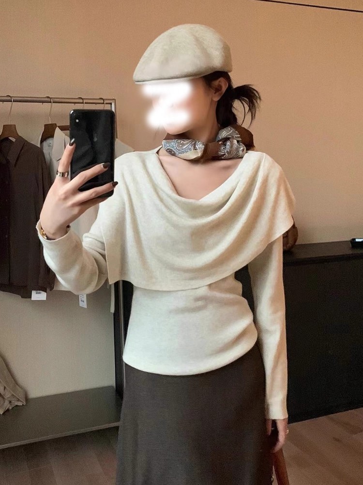 法式复古荡领小披肩上衣女秋季新款高级百搭显瘦小衫两件套