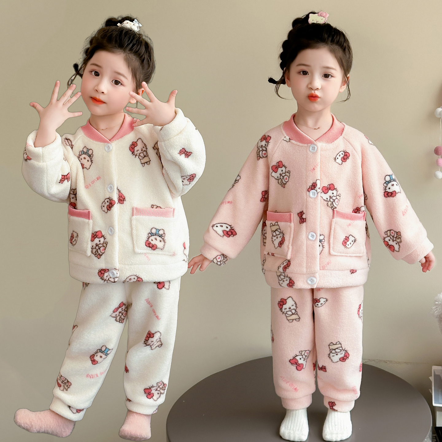 女童加绒家居服套装珊瑚绒加厚保暖儿童睡衣两件套女孩宝宝秋冬装