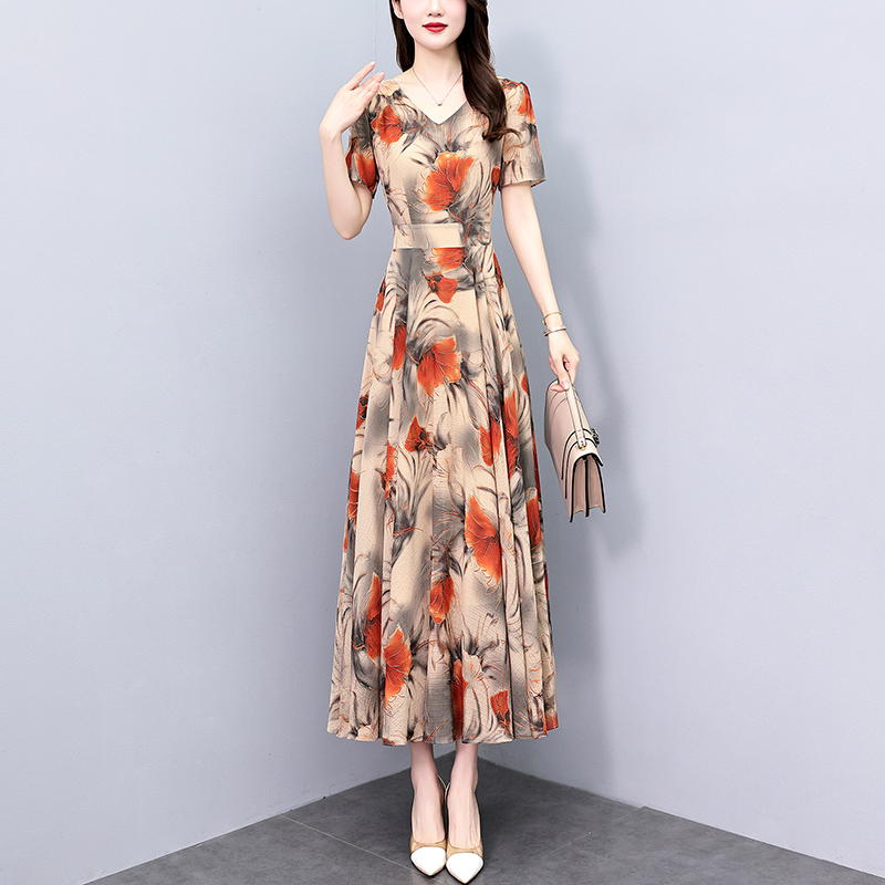 2025夏季新款雪纺碎花连衣裙大码胖mm收腰显瘦遮肚长裙