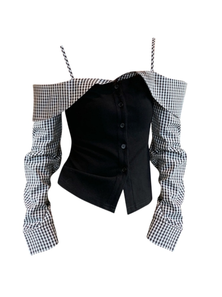 【Amy家】微胖mm假两件露肩长袖T恤女秋季新款格子拼接一字肩上衣女