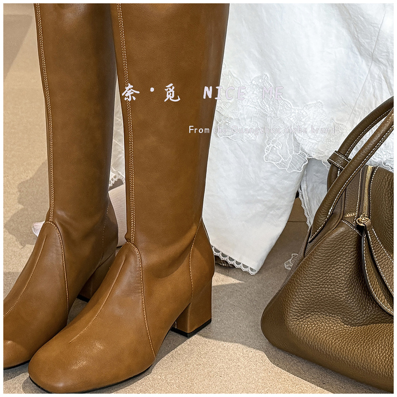 【一眼爱上】NICE ME~6cm法式浪漫！棕色方头粗跟长筒靴复古高筒靴女