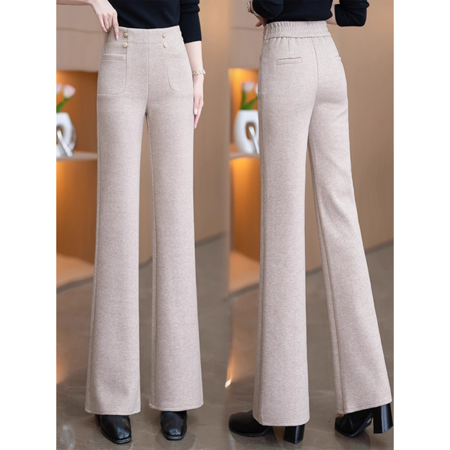 拉夏贝尔保暖阔腿微喇裤女2025秋冬季新款后松紧腰加绒加厚休闲裤