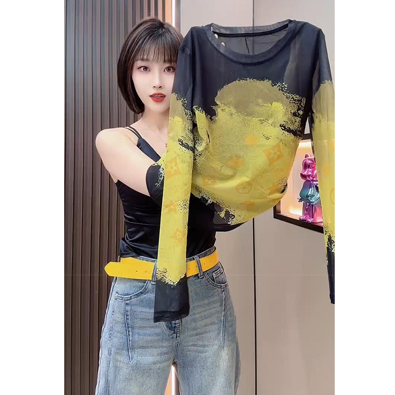 韩系时尚短款修身T恤女2025夏季新款设计感水墨晕染防晒罩衫上衣