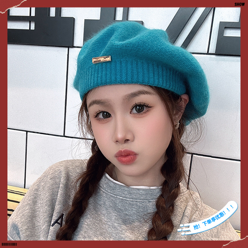 兔毛贝雷帽女秋冬季韩系百搭灰色画家帽复古铁标显脸小毛线蓓蕾帽
