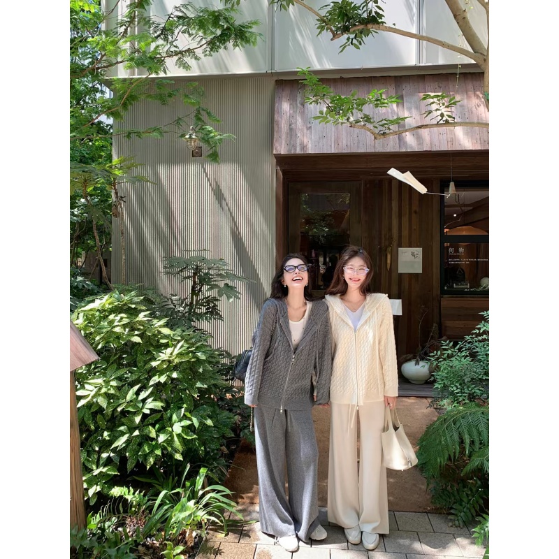 休闲气质套装2025秋冬新款高级感宽松显瘦开衫外套百搭阔腿长裤潮