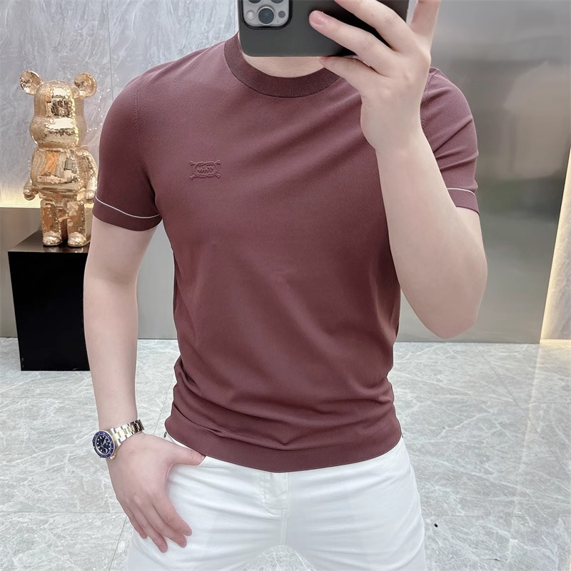 2025欧货轻奢男士针织冰丝短袖T恤纯色时尚百搭夏季半袖上衣25259