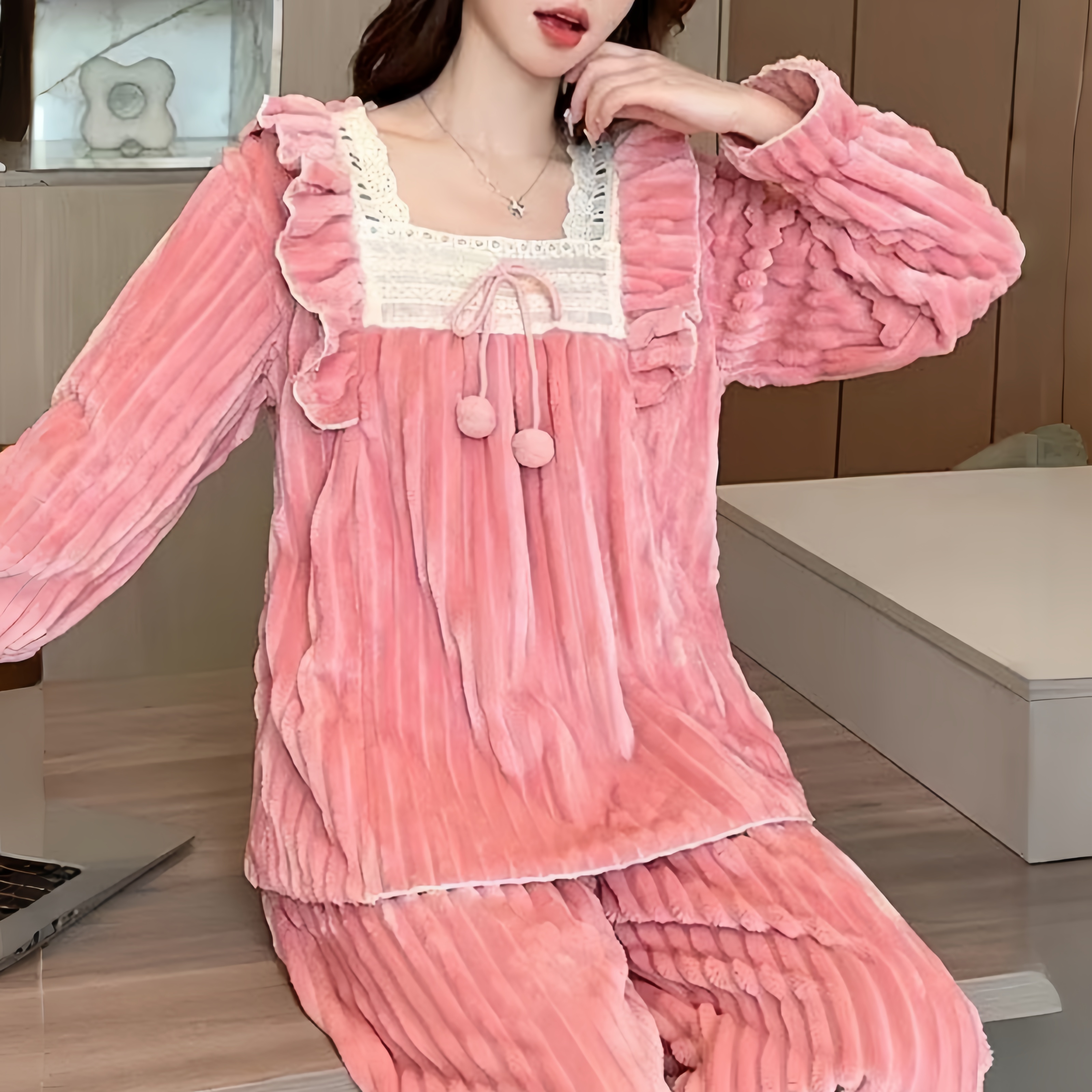 秋冬季可外穿甜美花边方领睡衣女珊瑚绒保暖家居服套装可爱ins风L