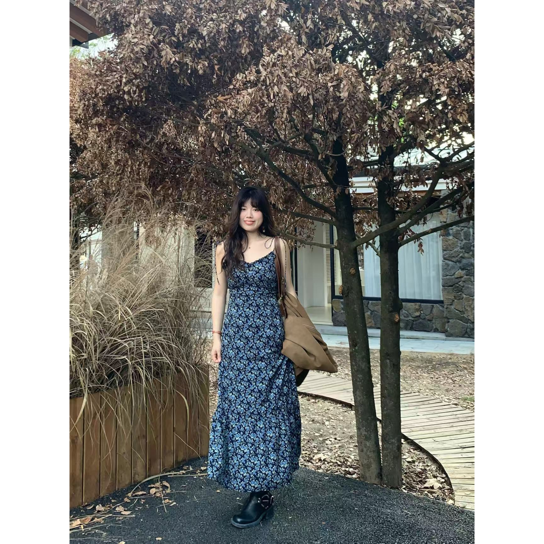 米米子“晨露花园”蓝色碎花长款吊带裙巨显白秋季新品连衣裙微胖女