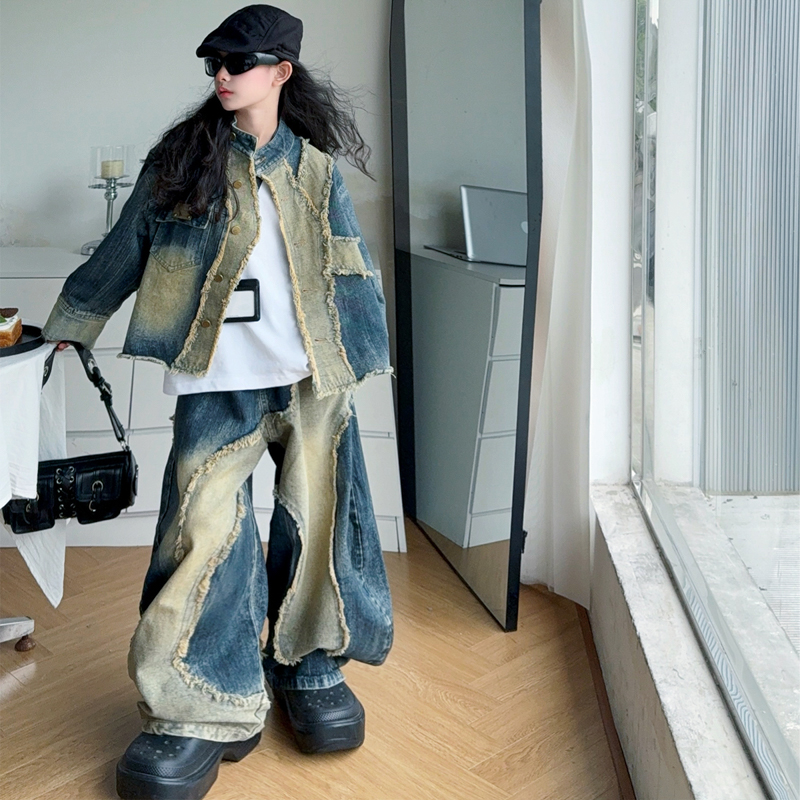 【酷哒仔】男女童复古做旧牛仔拼接三件套装2025秋季中大童学生套装