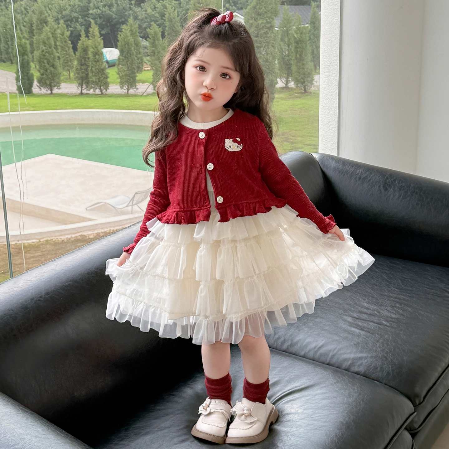 女童2025秋季新款儿童韩版洋气时尚中小童红色毛衣开衫网纱裙套装