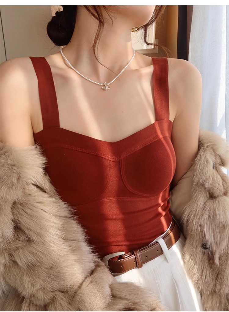 红色吊带背心女一体带胸垫秋冬保暖德绒内搭打底2025爆款显瘦上衣