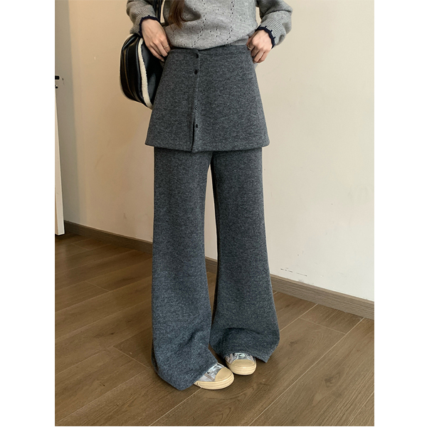 深灰色加绒毛呢阔腿裤女秋冬新款宽松慵懒可拆卸屁帘垂感休闲裤