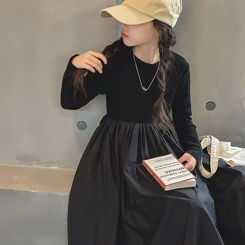 女童春秋黑色赫本风连衣裙新款儿童衣服洋气时髦长袖裙子大摆裙潮