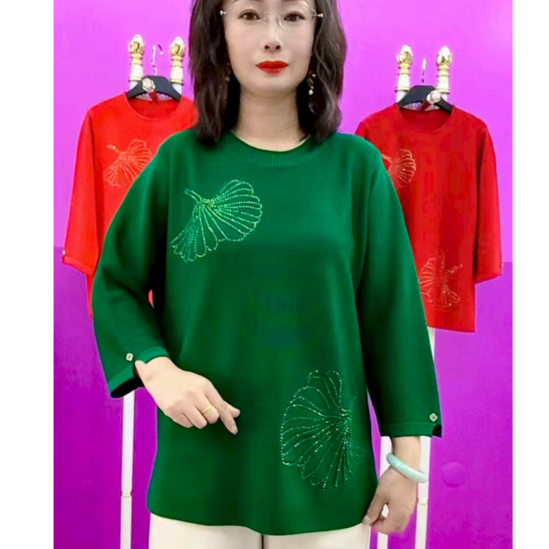 妈妈春夏装加肥加大码七分袖t恤上衣中年女减龄遮肚冰丝针织小衫