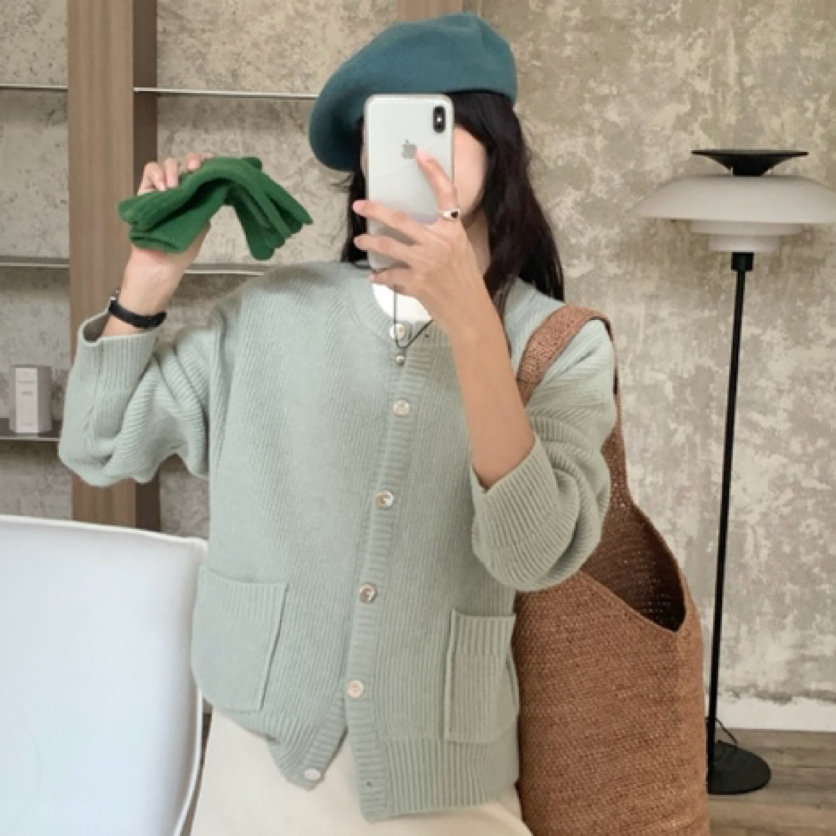 【Gao定制】薄荷绿天然贝母扣。慵懒风保暖宽松韩版毛针织衫短款气质
