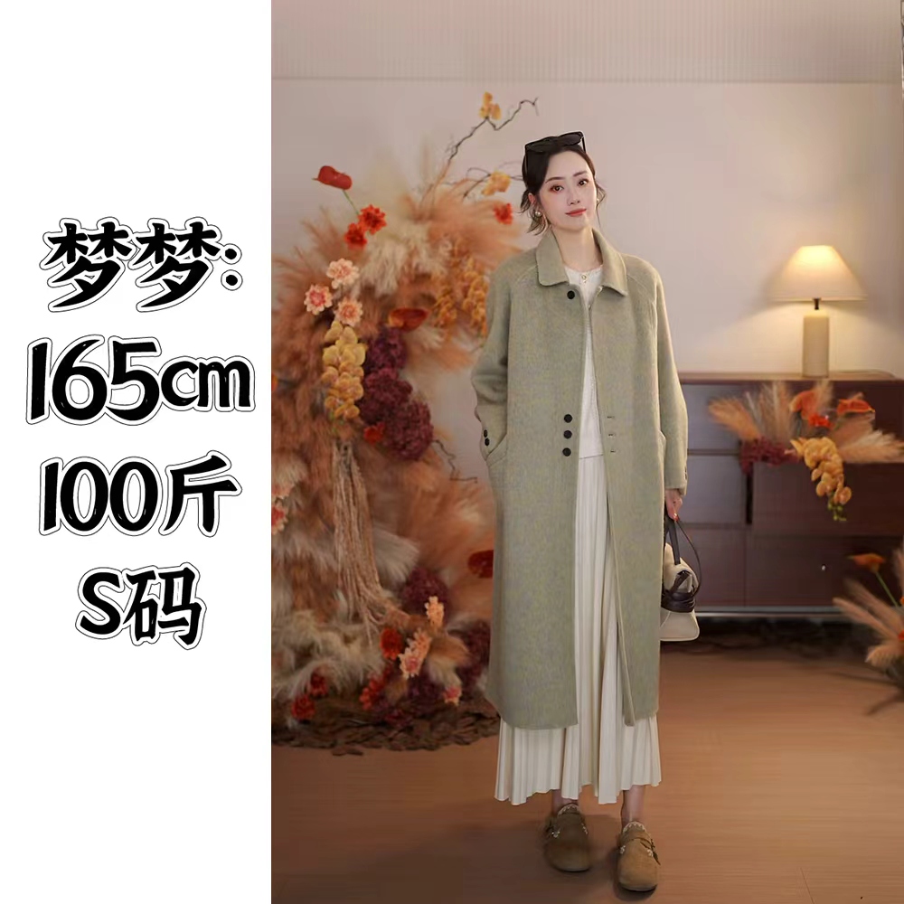 秋冬温柔风韩版赫本风娃娃领简约时尚女宽松长款羊毛大衣25912