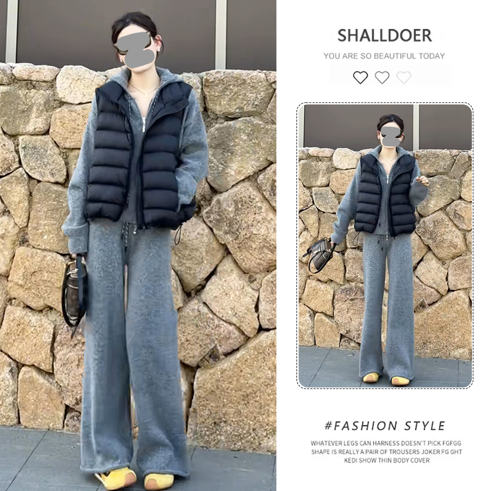 秋冬新款韩系宽松慵懒风马甲卫衣休闲裤时尚套装女时尚潮流三件套