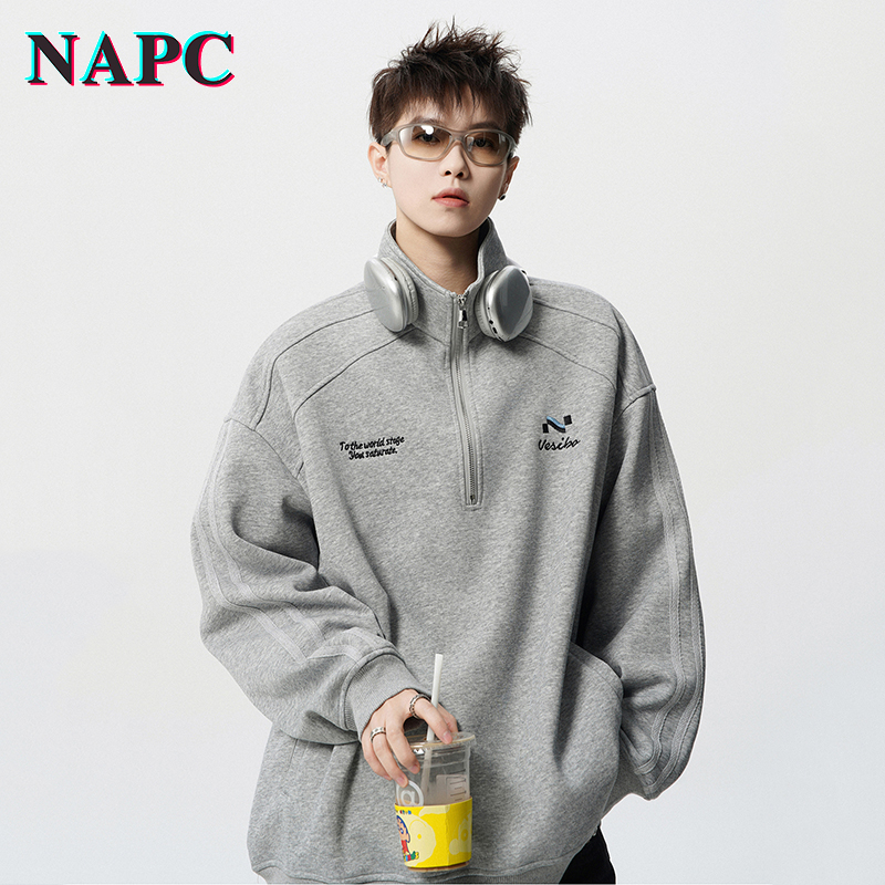 NAPC美式潮牌刺绣POLO衫高街复古半拉链立领外套宽松运动长袖卫衣