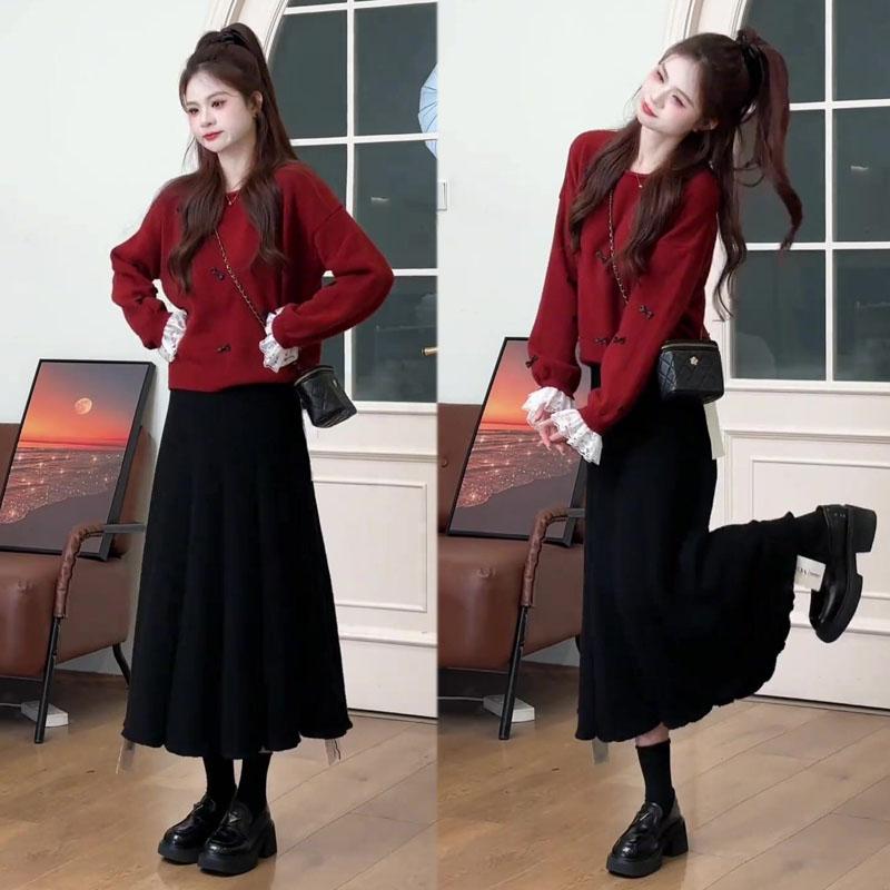 减龄搭配一整套装冬装2024新款小香风红色针织毛衣半身裙两件套