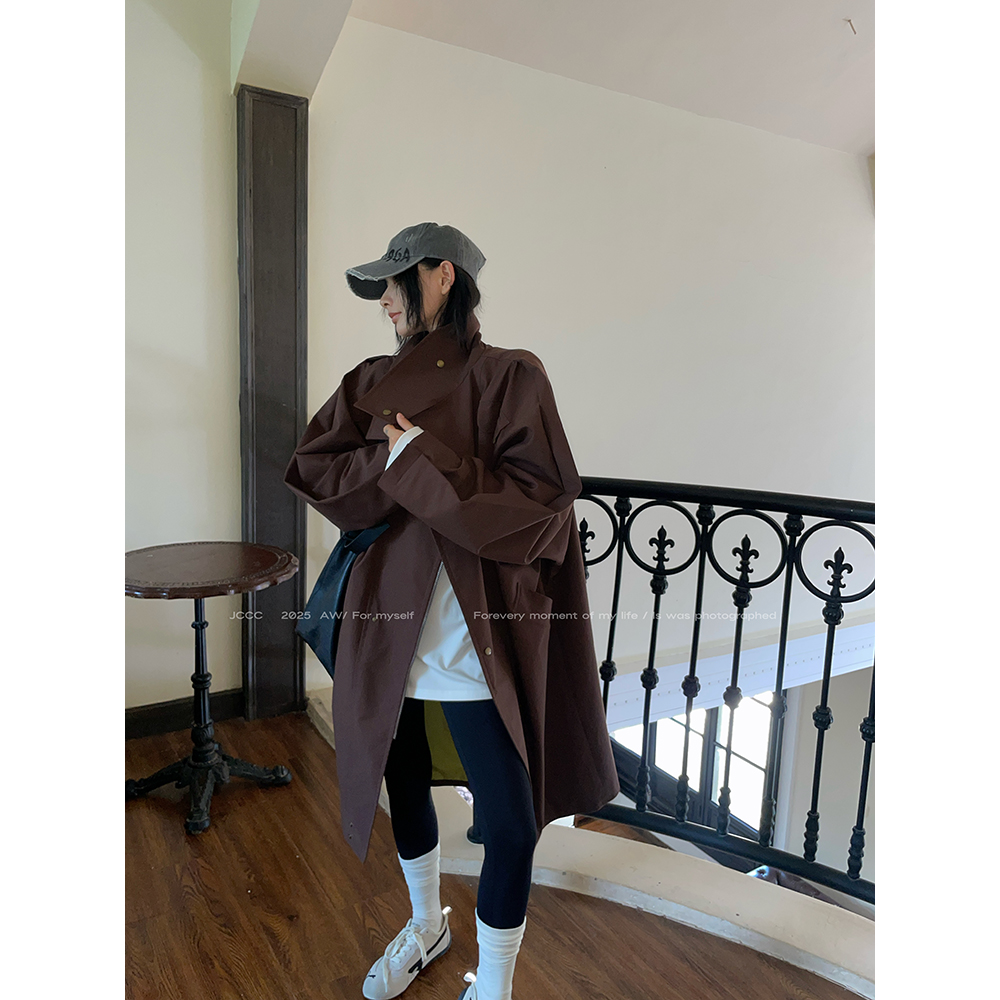 JCCC影子【山野之呼】咖色内里撞色廓形立领风衣外套JE5BSF12