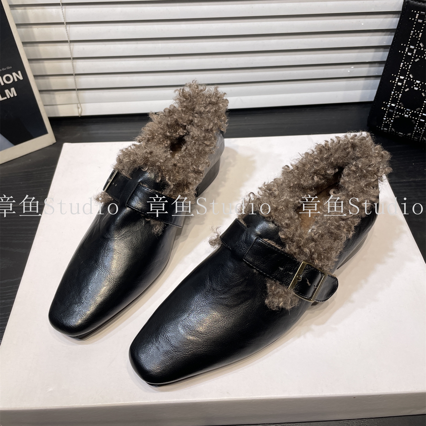 羊羔毛！复古加绒保暖粗跟乐福鞋女秋冬一脚蹬黑色毛毛小皮鞋棉鞋