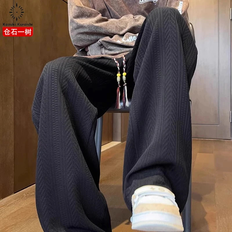 仓石一树秋冬潮牌男装麦穗纹针织卫裤美式纯色加绒百搭垂感休闲裤