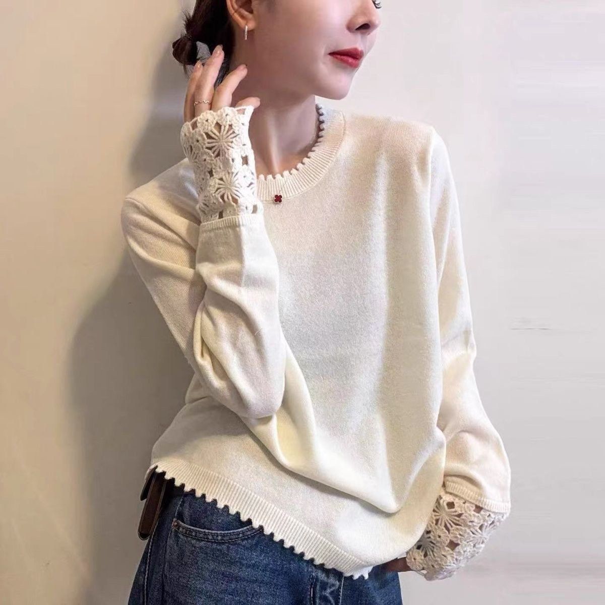 【80-180斤】老钱风镂空钩花针织衫女欧洲站女装圆领时尚打底衫上衣