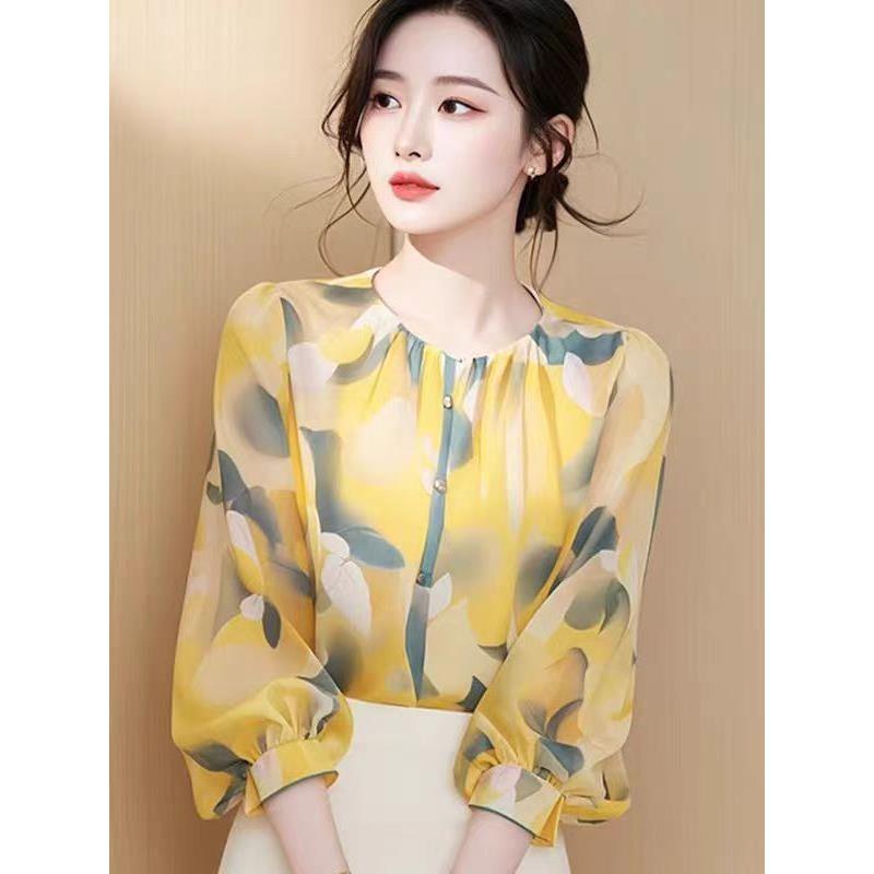夏季新款优雅气质法式七分袖印花雪纺圆领衬衫女女款