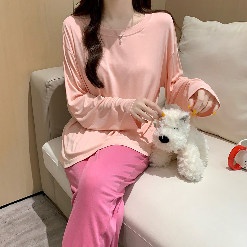 睡衣女款春秋季长袖纯欲2025新款女士带胸垫性感纯色宽松圆领套装