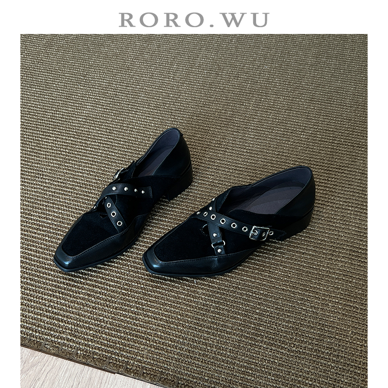 娆娆吴·牛皮法式复古交叉扣带浅口日常舒适暴走时尚气质单鞋D746