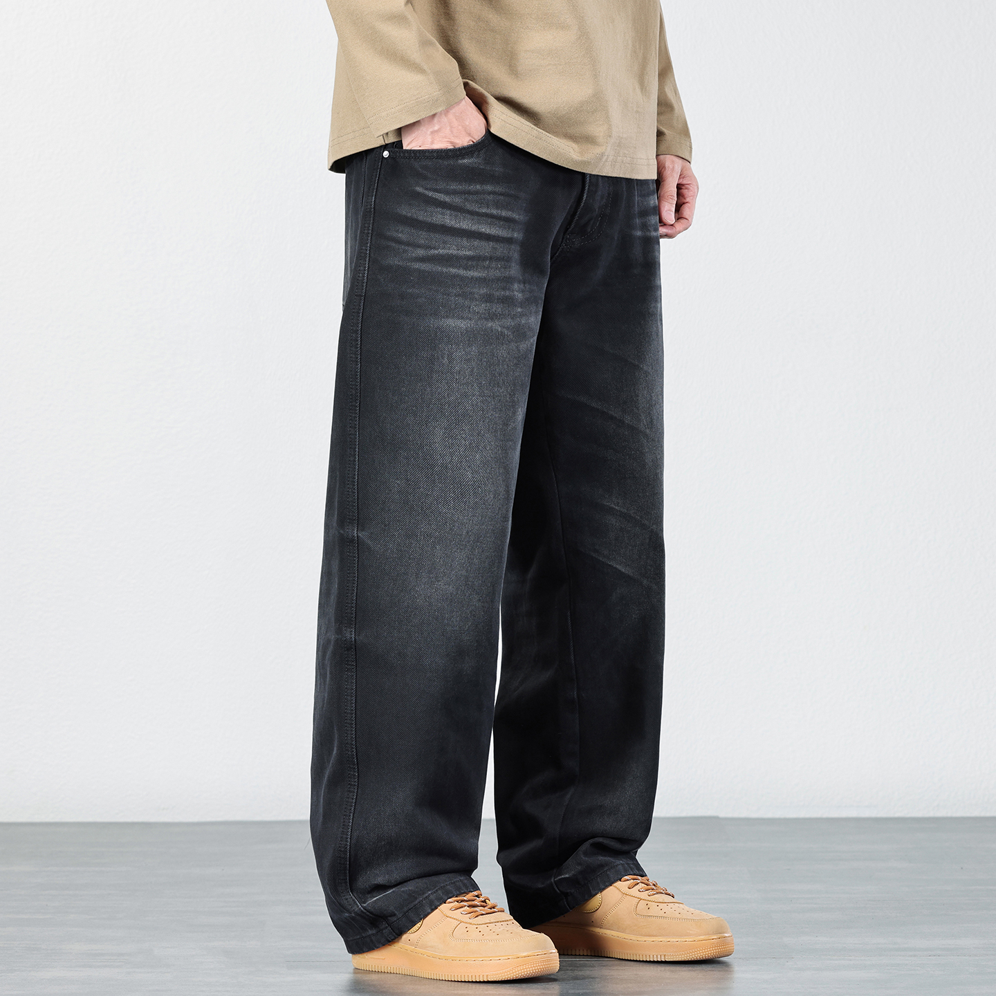 重磅水洗cleanfit黑色牛仔裤男士秋冬季新款宽松直筒休闲通勤长裤