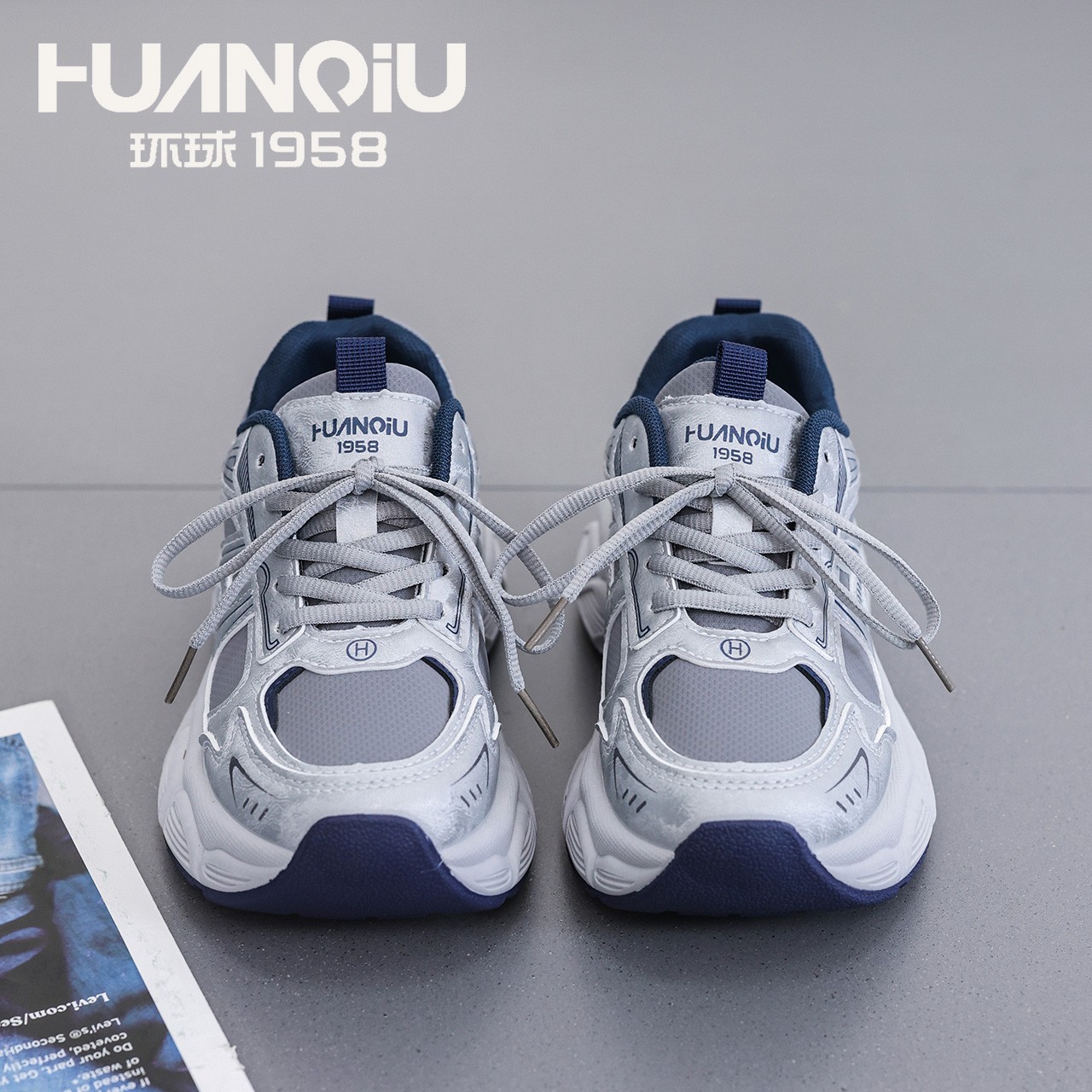 HUANQIU/环球休闲女鞋2025新款皮面老爹鞋厚底运动鞋韩版学生女鞋
