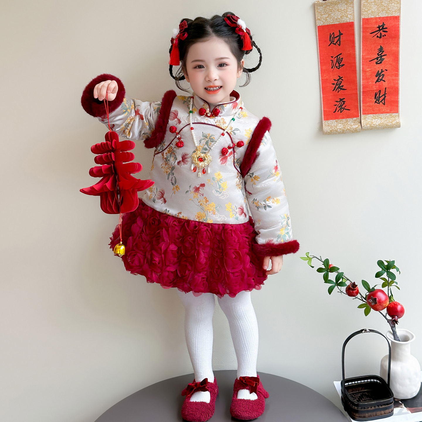 女童拜年服冬装2025新款加绒加厚儿童女宝宝过年喜庆汉服旗袍裙