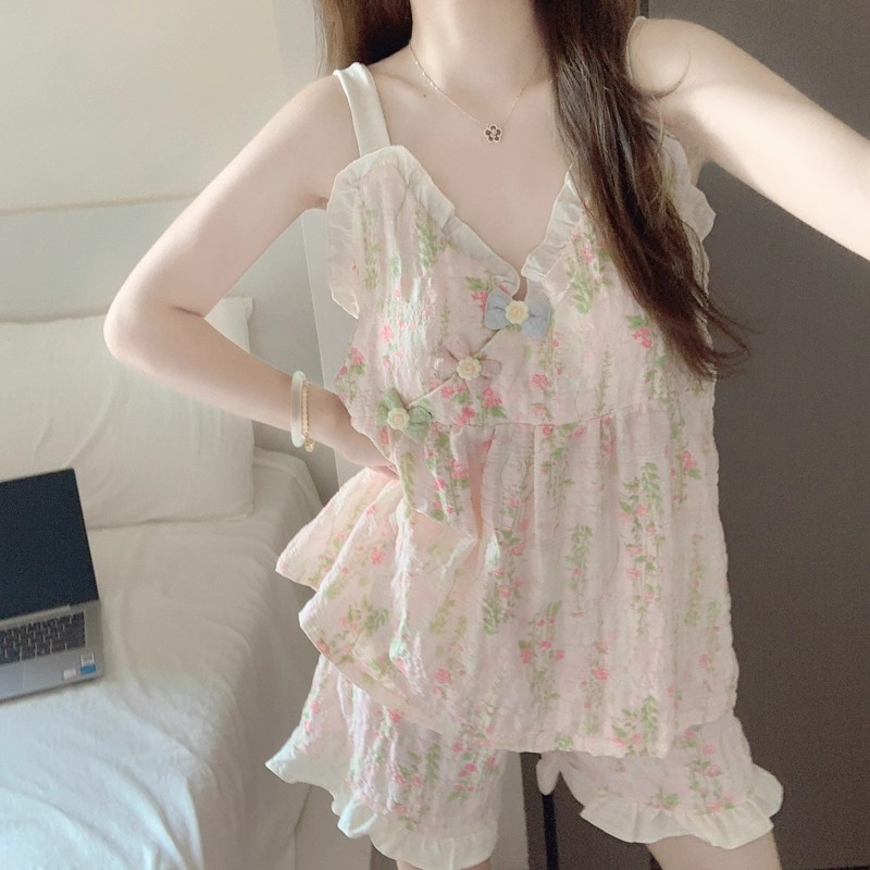 带胸垫睡衣女款夏季云朵棉甜美新中式碎花吊带短裤网红家居服套装