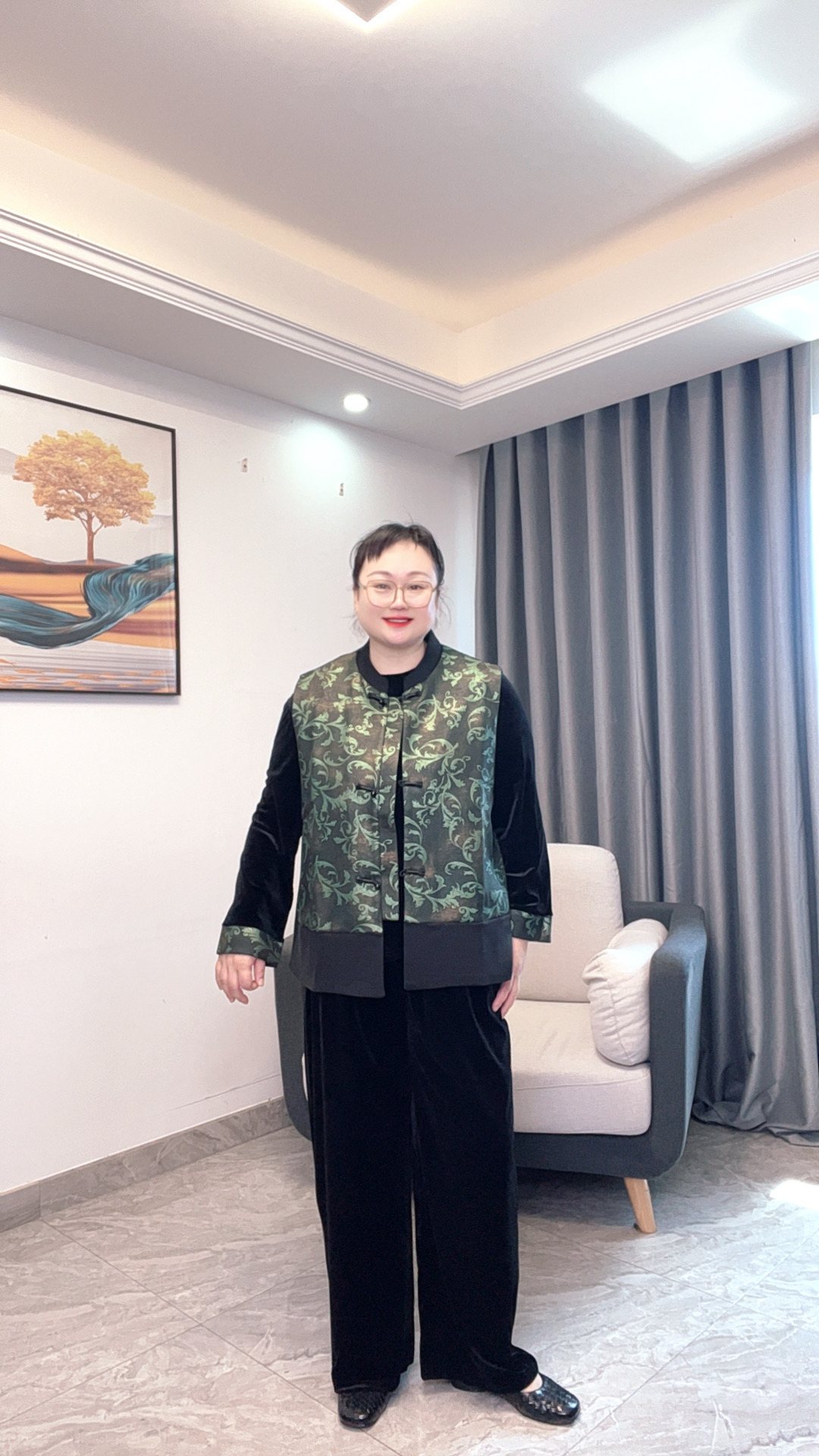 春秋款长袖宽松型新中式国风时尚妈妈装马甲马夹三件套套裤装