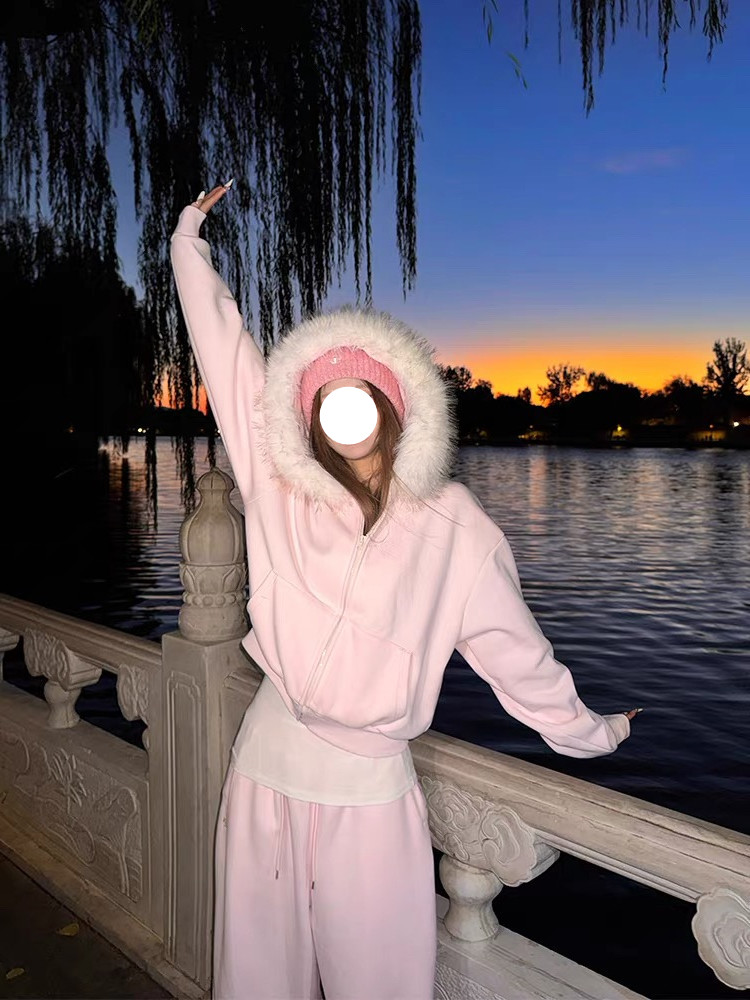 秋冬美式可拆卸毛领连帽慵懒加绒卫衣开衫+阔腿裤休闲套装  82202