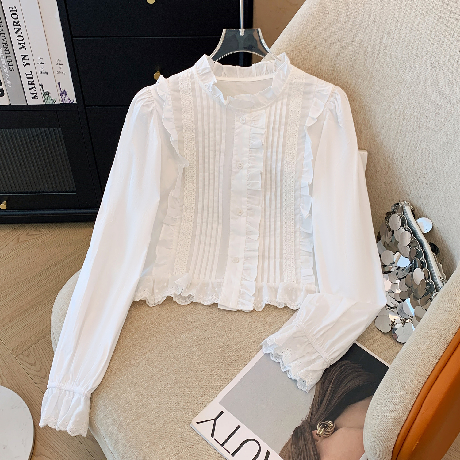 清仓捡漏~春秋法式木耳花边压褶长袖衬衫女设计感别致短款上衣潮