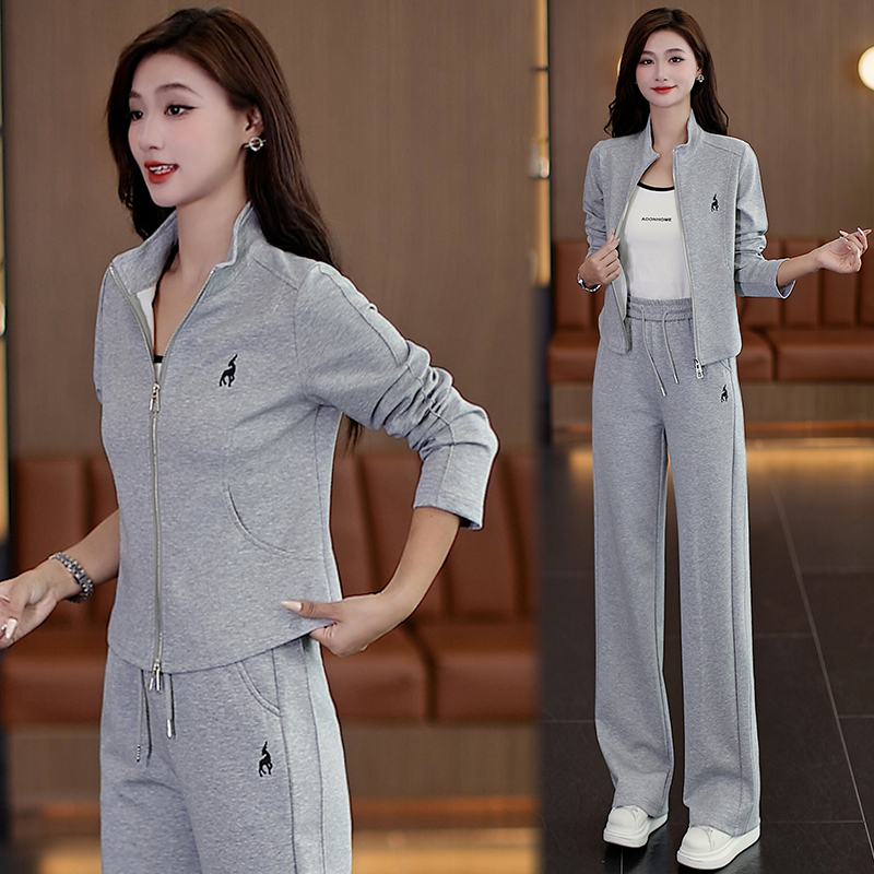 时尚百搭显瘦女款2025年秋季新款休闲运动立领卫衣阔腿裤套装两件