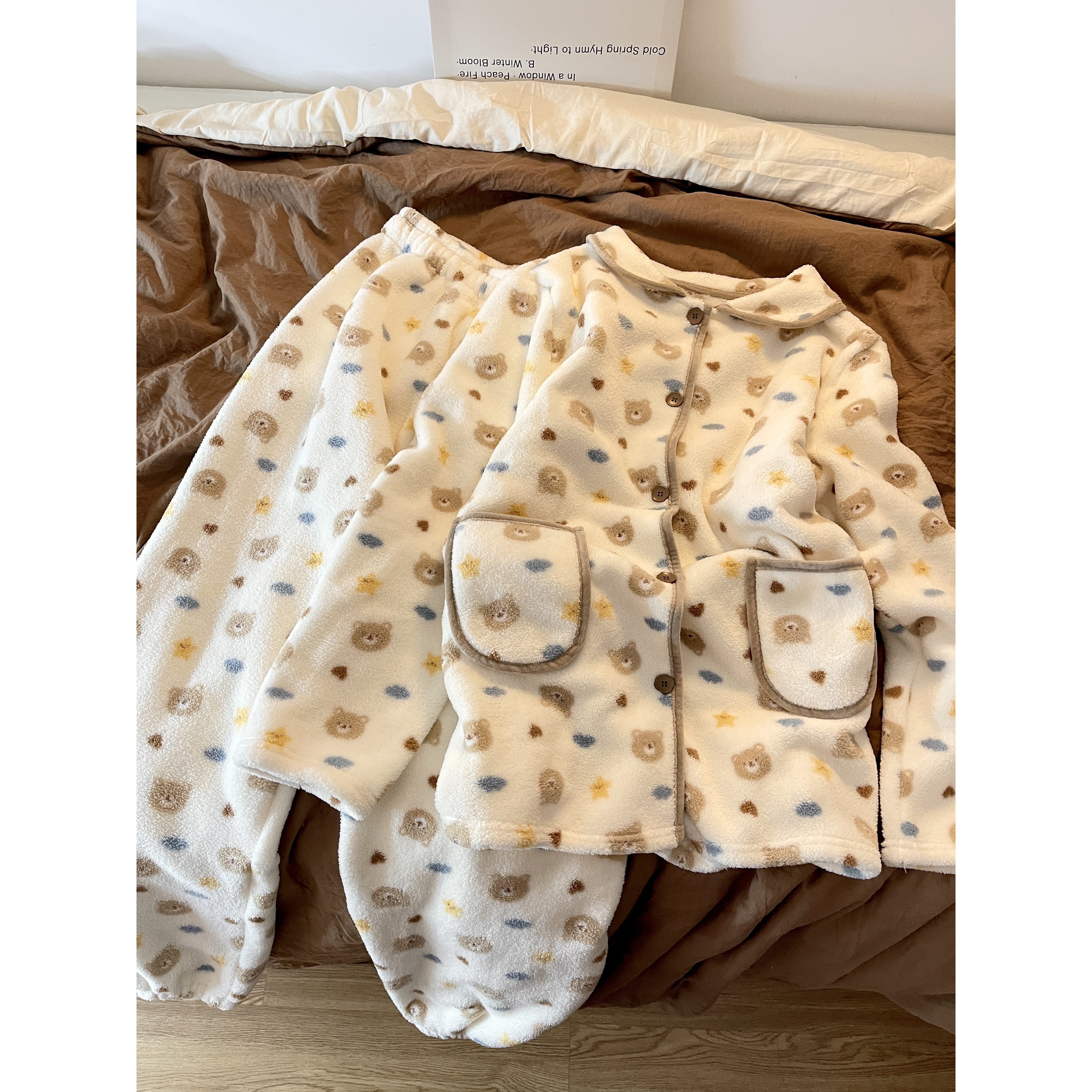 软糯小熊半边绒睡衣女秋冬新款大码套装加绒加厚保暖家居服可外穿