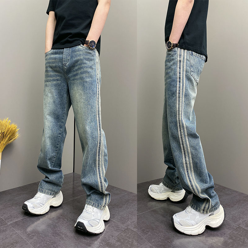 潮牌ins春秋百搭休闲裤男士痞帅条纹设计直筒长裤美式高街牛仔裤