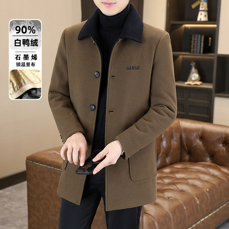 男士毛呢大衣高级感羽绒服大衣加绒白鸭绒冬季男士男士毛呢外套男
