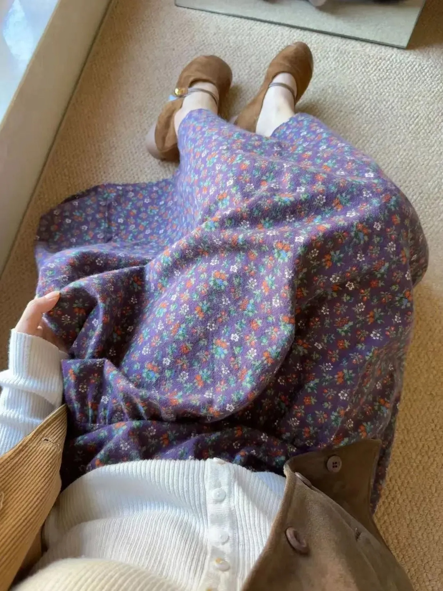 紫色碎花半身裙女秋冬新款森系文艺复古伞裙子高腰显瘦遮胯中长裙