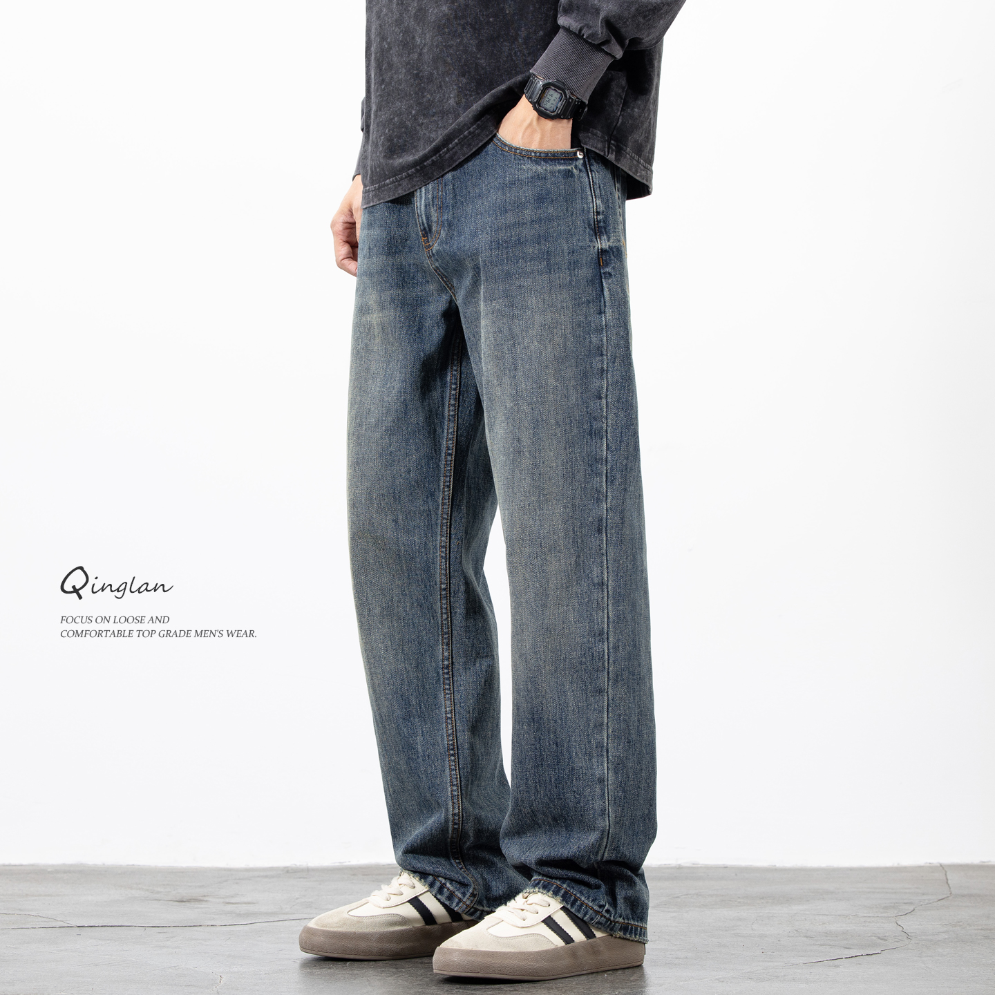 深蓝色水洗牛仔裤男直筒宽松美式复古休闲大码百搭阔腿裤子秋冬款