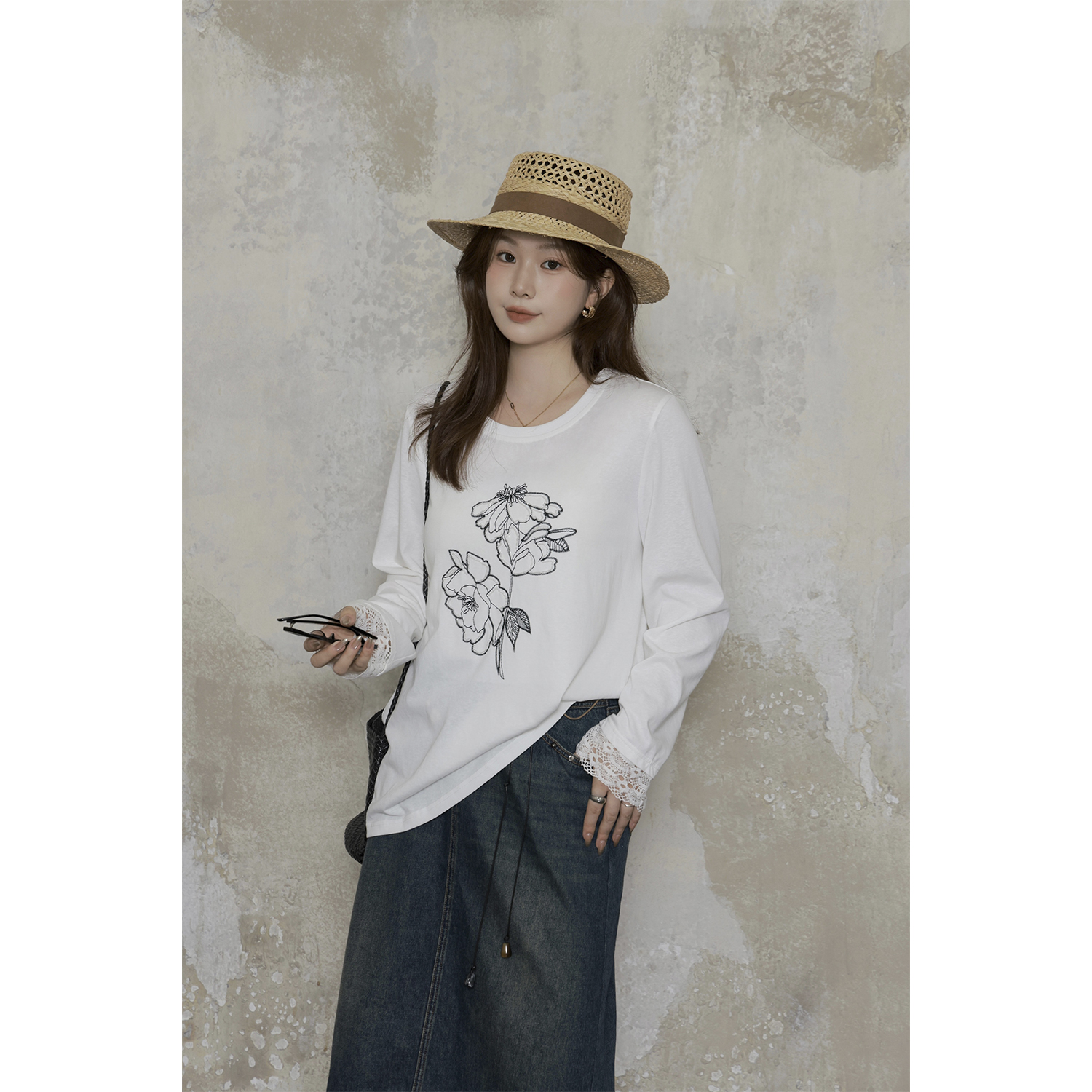 现货大婉酱微胖定制【雪松棉牡丹T】韩系刺绣拼接T恤宽松上衣9841D
