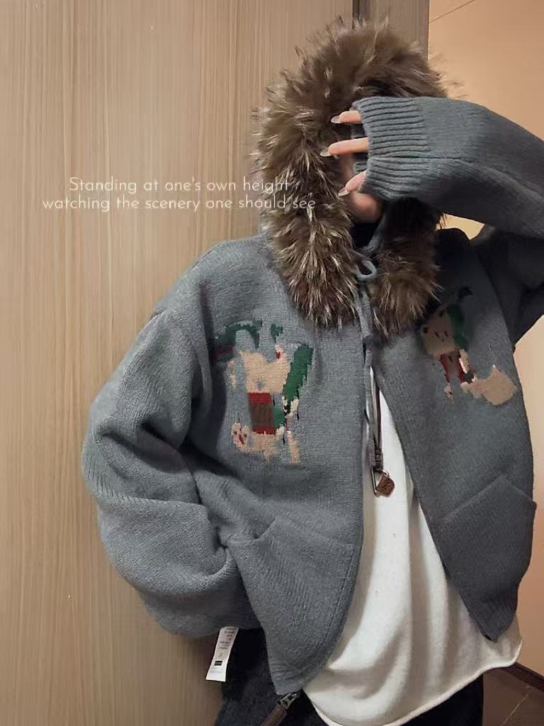 【萌熊绣绘】韩系慵懒风重工卡通熊刺绣毛衣外套