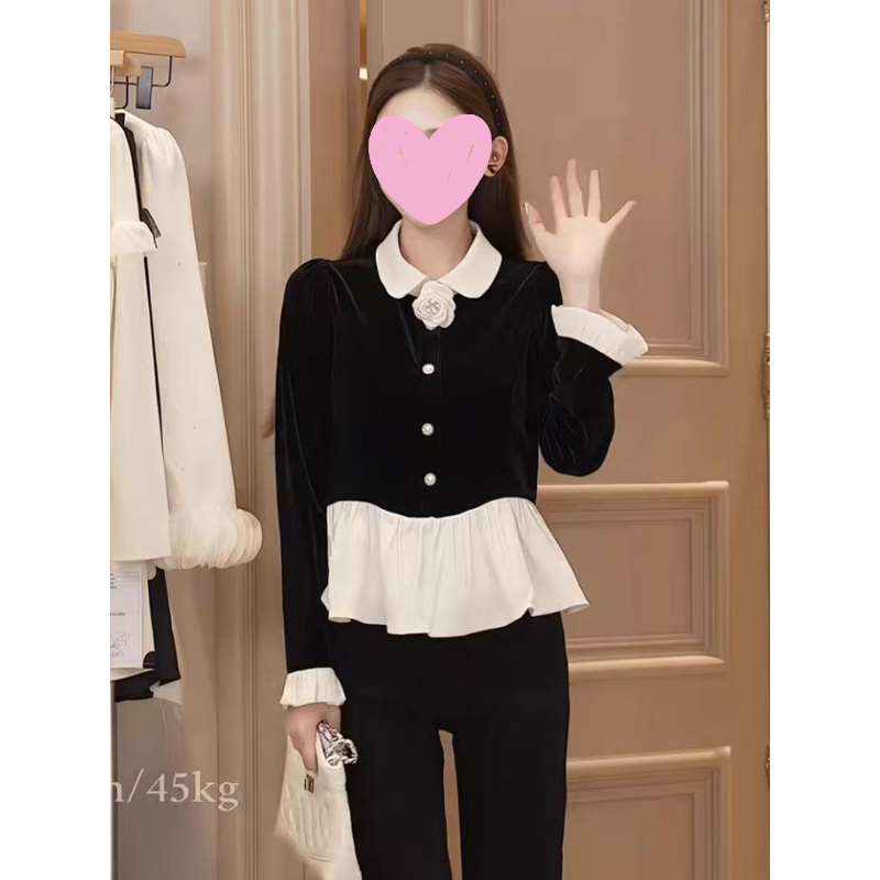 周楚楚同款女装早秋独特拼接设计感衬衫法式小香风千金感花朵上衣