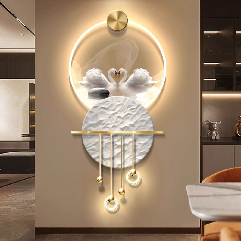 现代轻奢玄关装饰画寓意好天鹅走廊尽头挂画高级感立体发光壁灯画