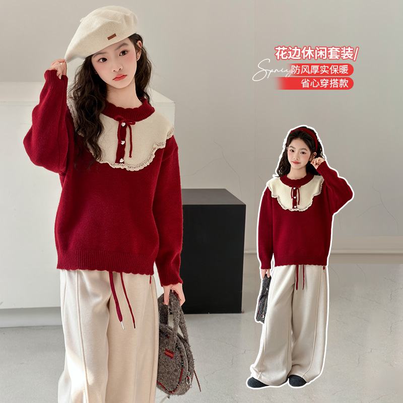 女童冬季加厚毛衣中大童儿童洋气时尚新款红色女孩花边休闲针织衫