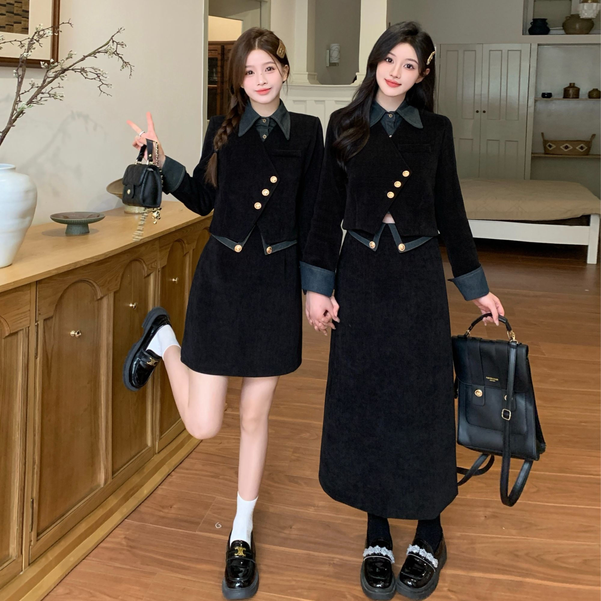 大码女装高级感套装裙秋季法式赫本风上衣胖MM显瘦半身裙子两件套