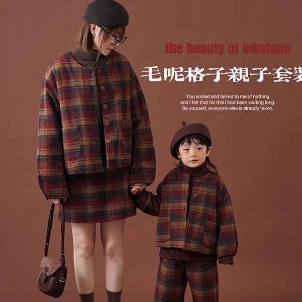 砚台家童装母女母子亲子套装春秋新款男童红色上衣儿童洋气衣服